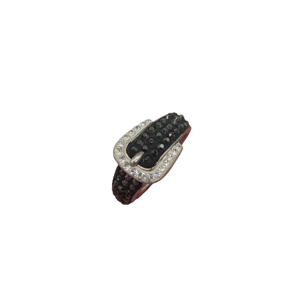 Buckle Ring 925‎ Sterling Silver Size 7 Black Rhinestone Statement Band Y2K